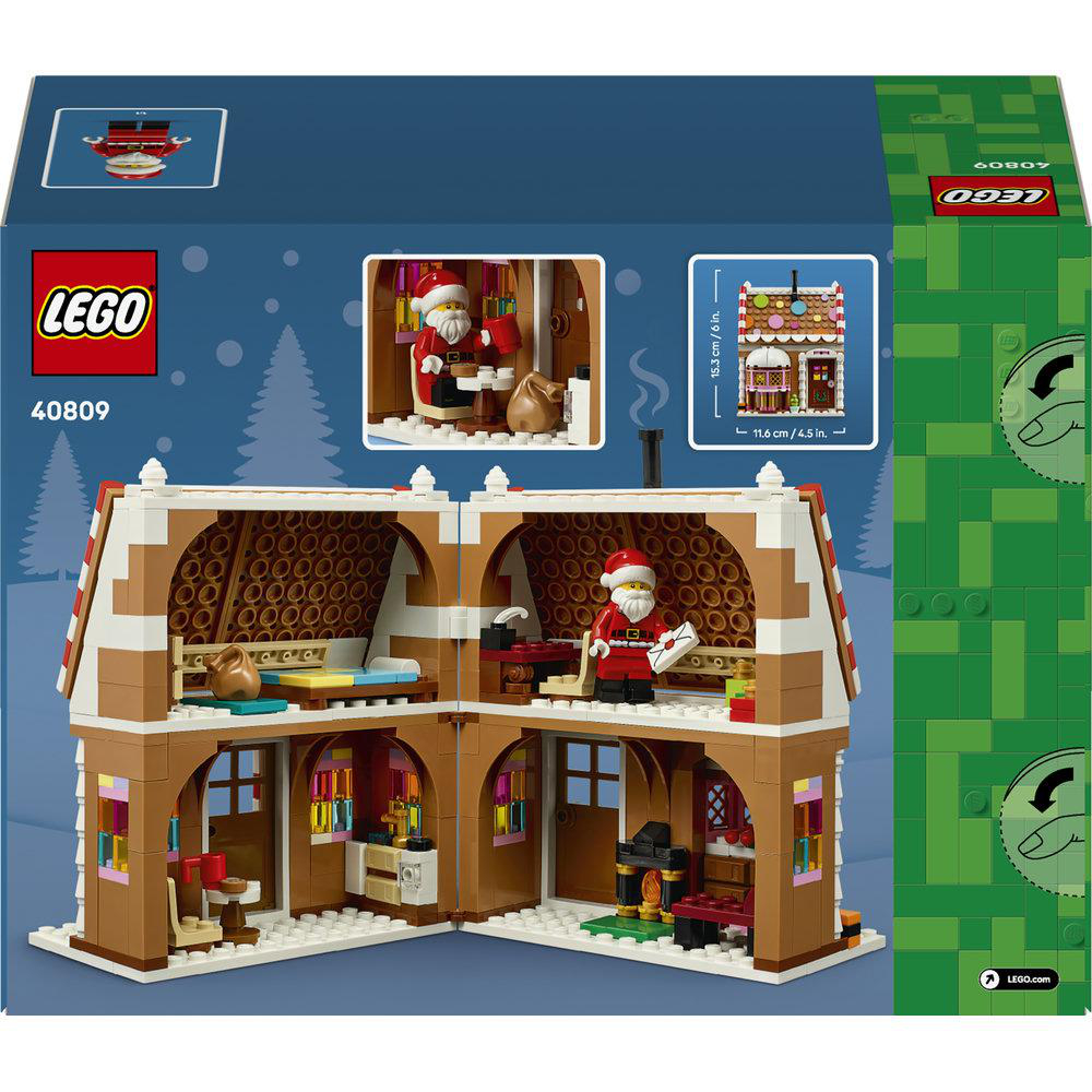 Rückseite einer LEGO-Weihnachtshausverpackung mit Santa-Minifigur und Raumdetails.