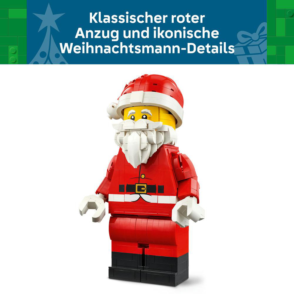Lego-Weihnachtsmannfigur mit rotem Anzug und weißem Bart vor grünem Hintergrund.