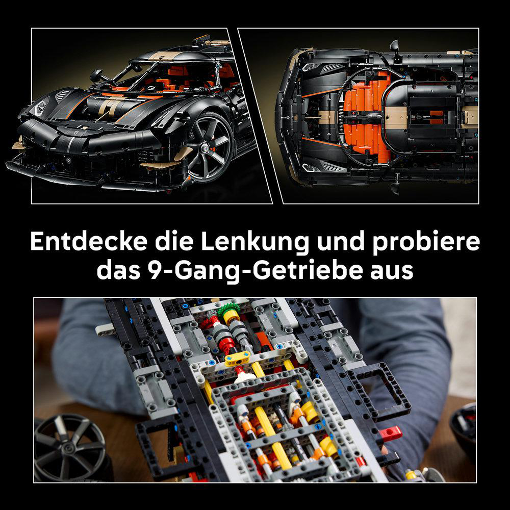 Ein Lego-Technic-Auto in Schwarz und Gold mit sichtbarem Getriebe und mechanischen Details auf schwarzem Hintergrund.