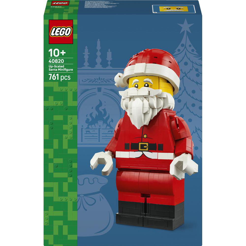 Lego Up-Scaled Santa Minifigure Box mit einer großen Lego-Weihnachtsmannfigur in Rot und Weiß vor blauem Hintergrund.