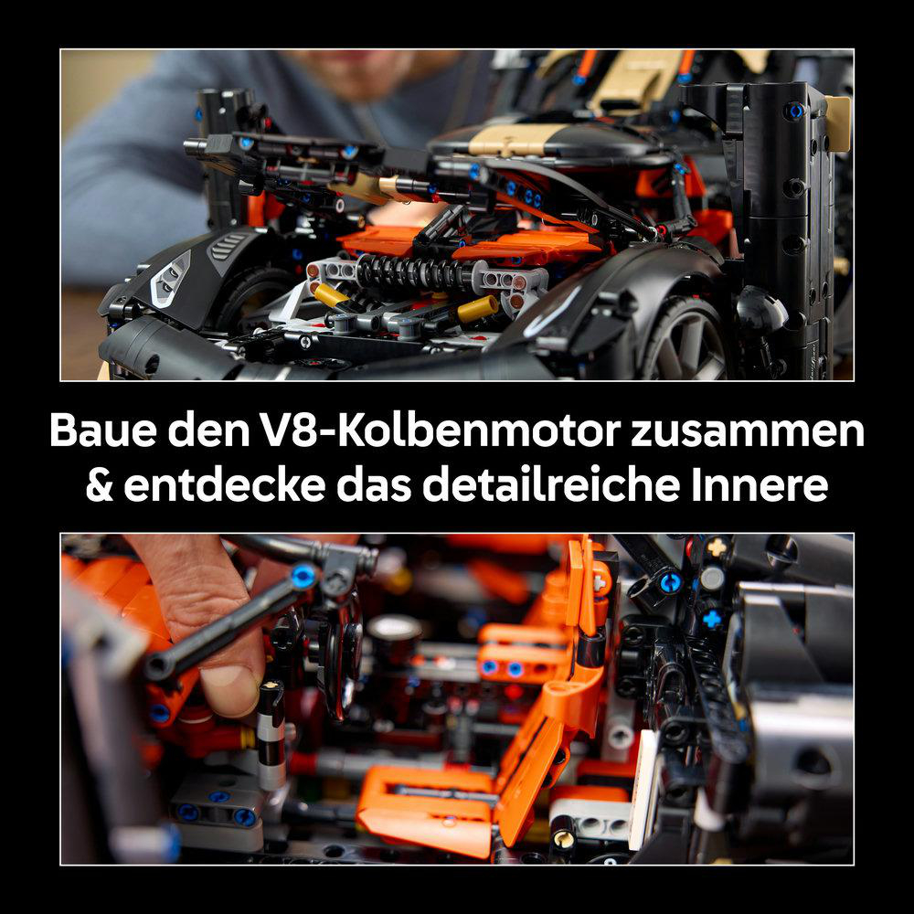 Close-up of a complex Lego Technic car model with an orange and black engine and detailed interior.