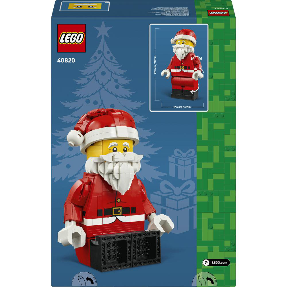 LEGO Weihnachtsmann-Set 40820 mit einer großen baubaren Figur im Vordergrund und Maßen oben rechts.