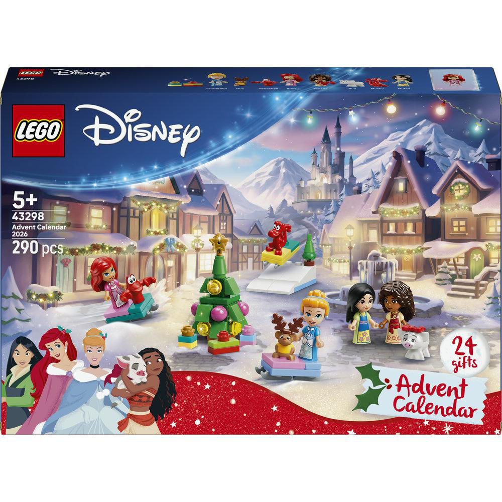 LEGO Disney Adventskalender mit schneebedeckten Häusern, Figuren und weihnachtlicher Deko.