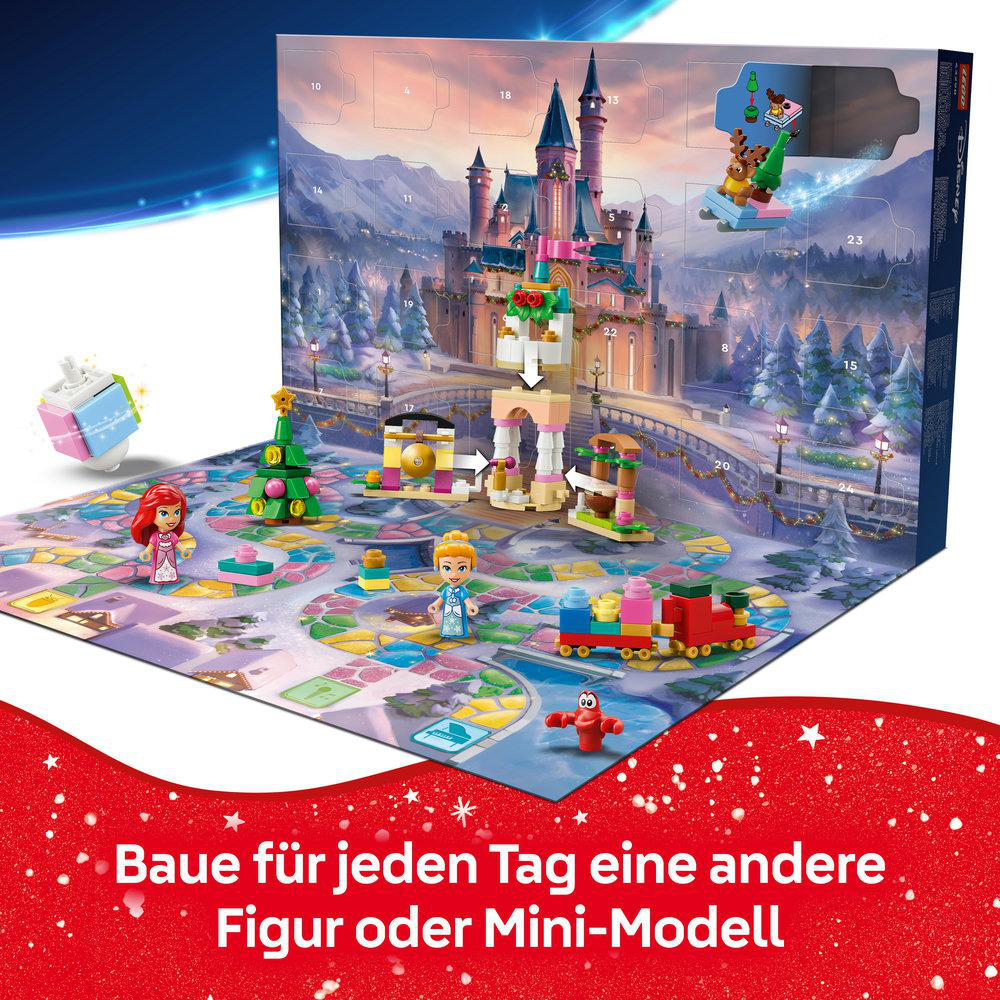 Lego Disney Adventskalender mit Schlosskulisse, Figuren und kleinen Modellen auf einer bunten Spielmatte.