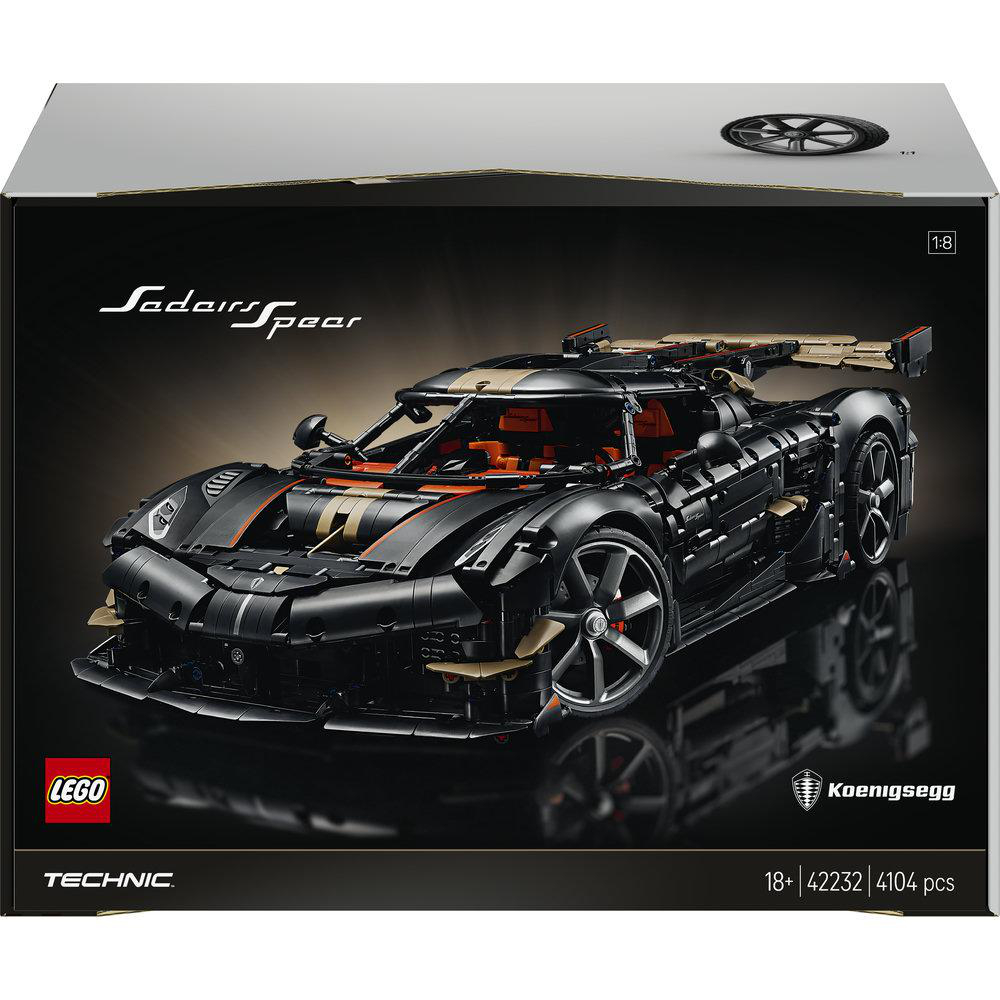 Lego Technic Verpackung zeigt ein schwarzes Koenigsegg Hypercar Modell mit goldenen Akzenten.