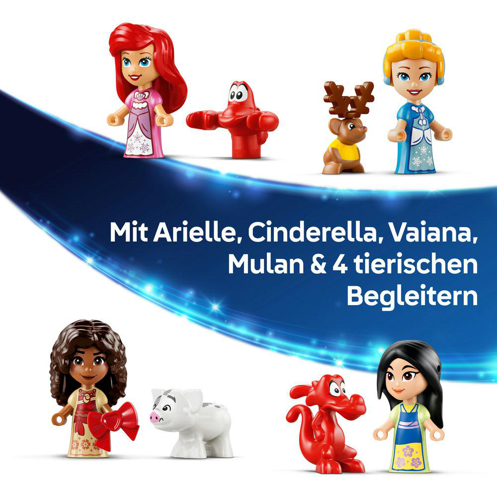 Lego Disney Figuren von Arielle, Cinderella, Vaiana und Mulan mit ihren tierischen Begleitern.