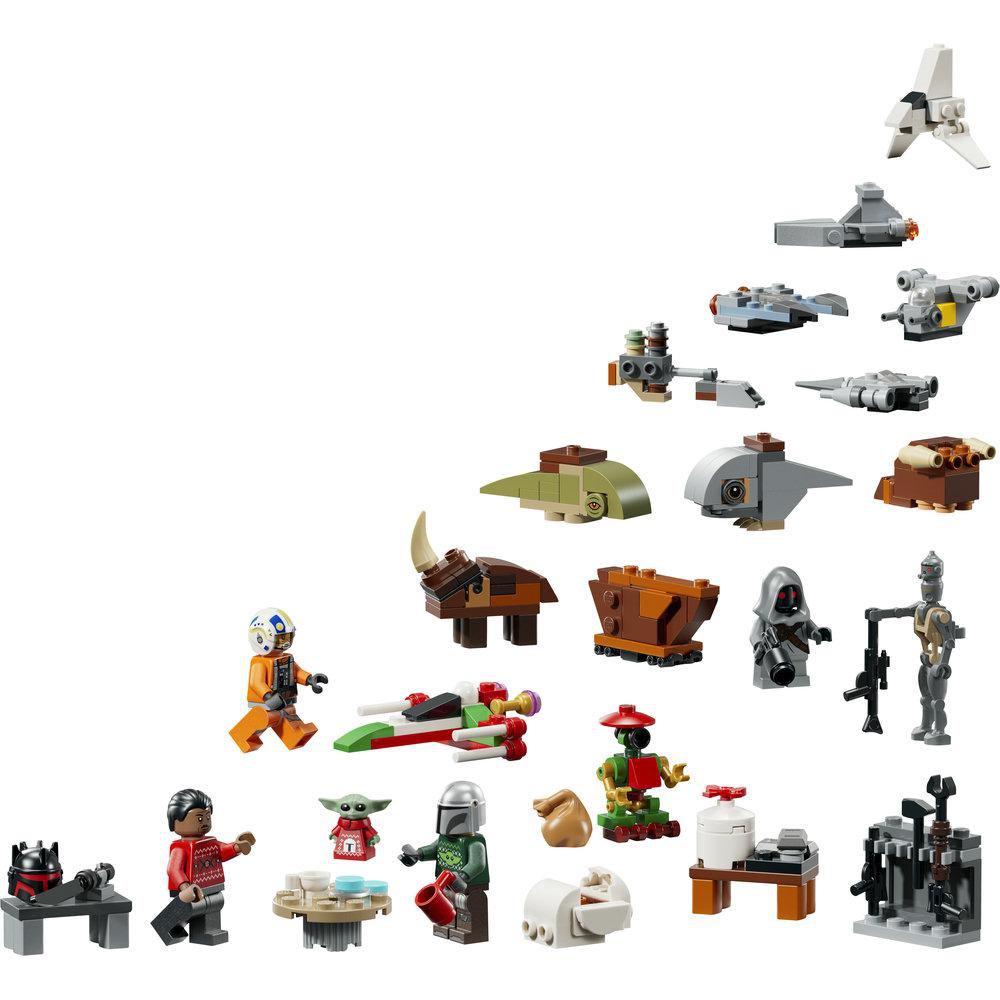 Verschiedene Star Wars Lego-Minifiguren und kleine Modelle vor weißem Hintergrund.
