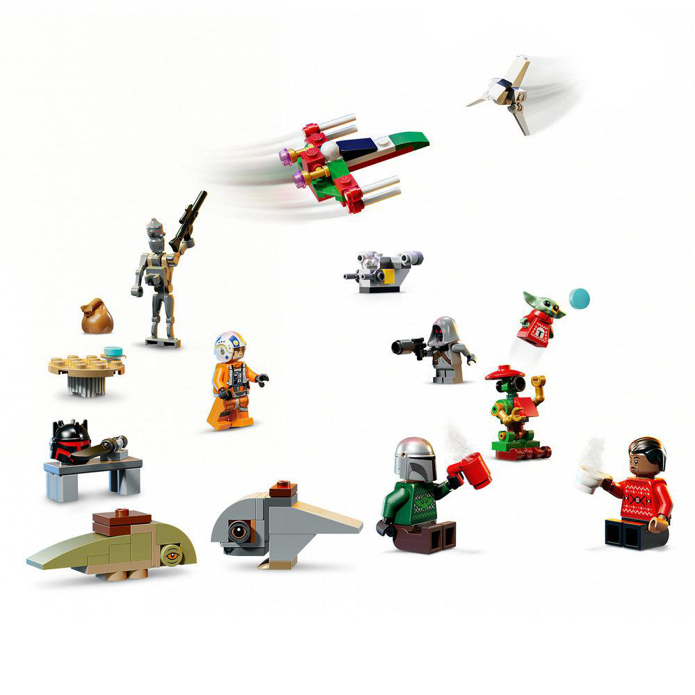 Lego Star Wars Figuren und kleine Raumschiffe auf weißem Hintergrund.