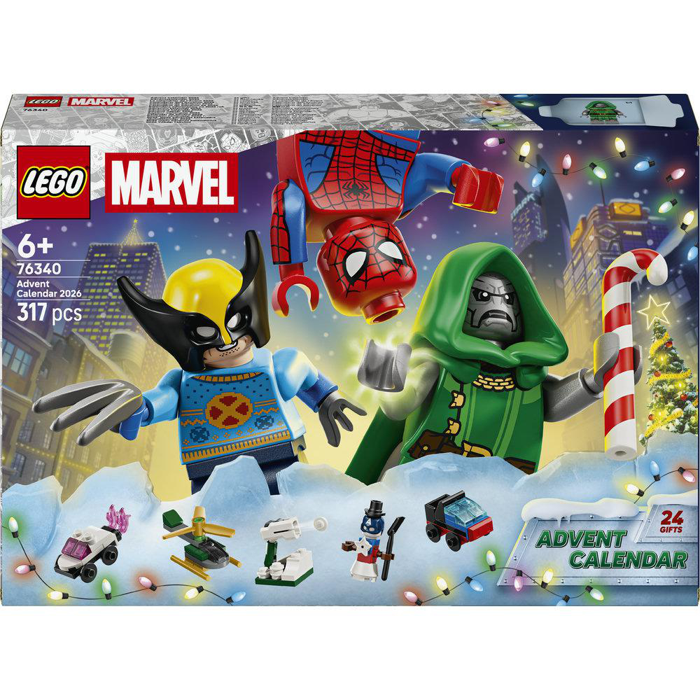 LEGO Marvel Adventskalender Box mit Wolverine, Spider-Man und Doctor Doom vor einer nächtlichen Stadt.