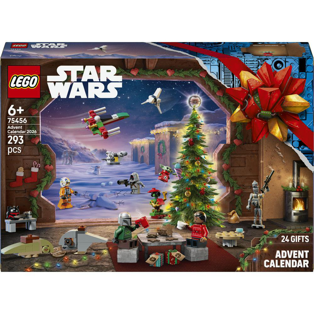 LEGO Star Wars Adventskalender 2026 Box mit festlichen Figuren und Mini-Modellen in einer Winterlandschaft.