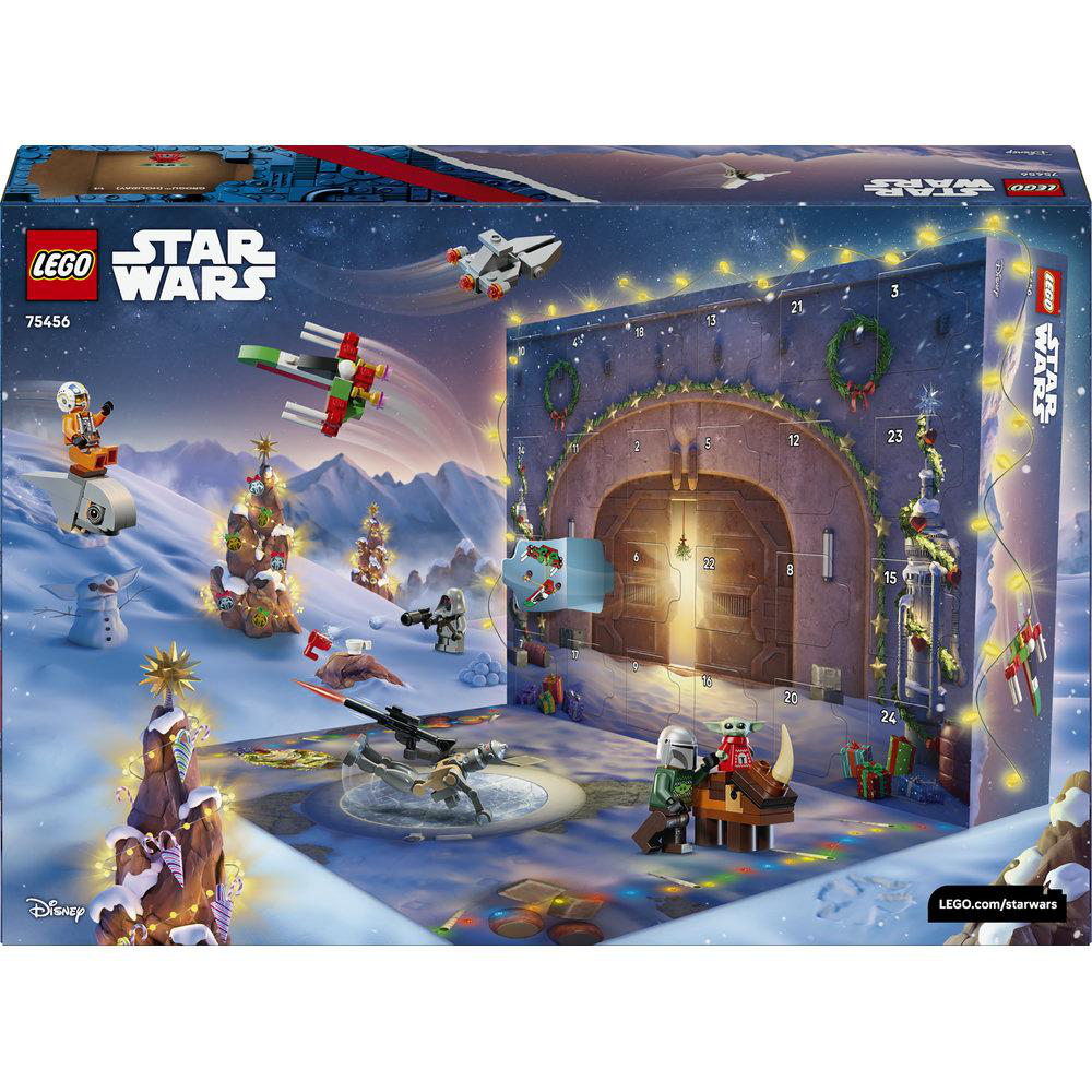 Lego Star Wars Adventskalender mit verschneiter Berglandschaft und Minifiguren.