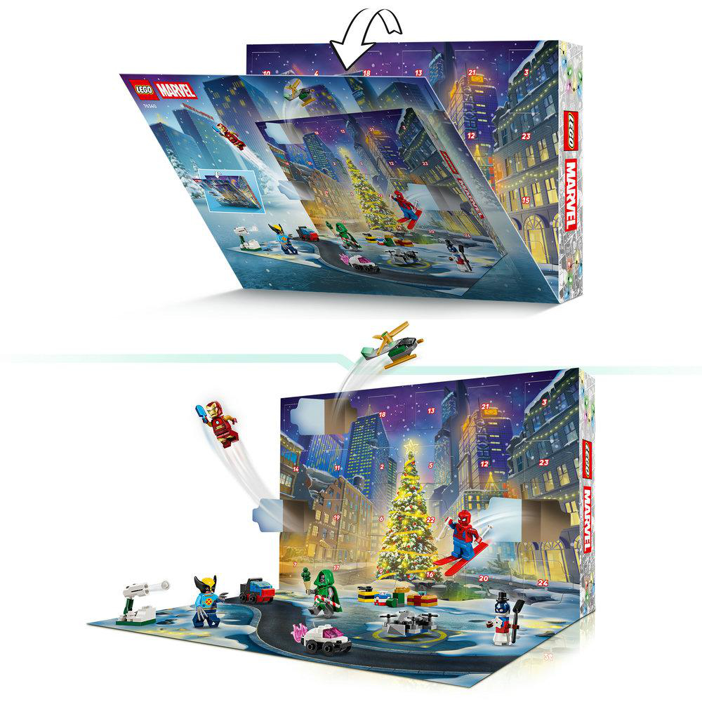 Lego Marvel Adventskalender mit geöffneten Türchen und Minifiguren in einer winterlichen Stadt.