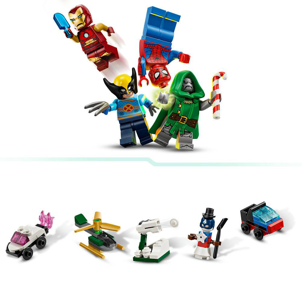 Lego-Superhelden wie Iron Man und Spider-Man springen zusammen mit kleinen Fahrzeugen und Figuren.