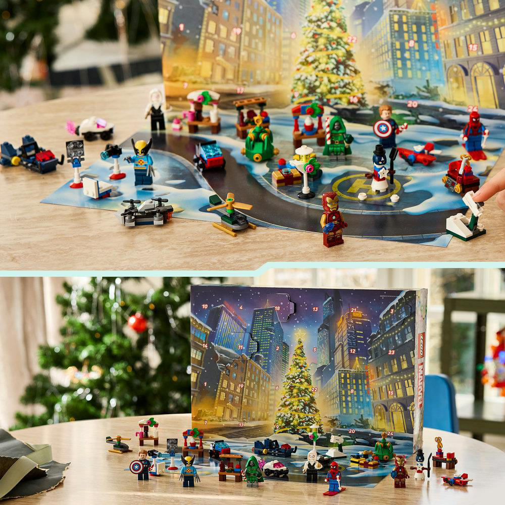 Lego Marvel Adventskalender mit geöffneten Türchen, Mini-Figuren und Modellen vor einer beleuchteten Stadt.