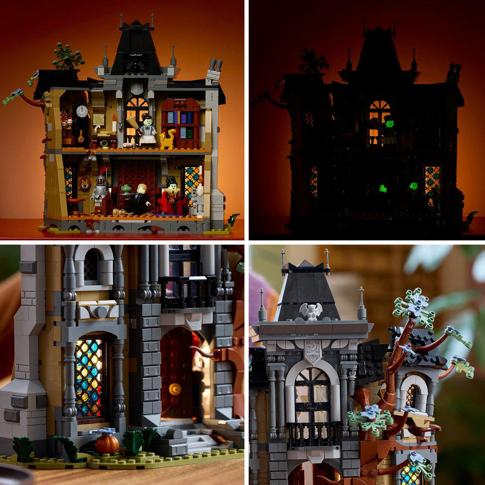 Ein detailiertes Lego Geisterhaus mit Zimmern, Minifiguren und beleuchteten Fenstern im Dunkeln.