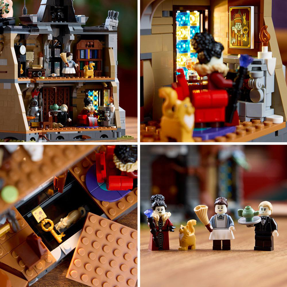 Vier Felder zeigen Details eines Lego-Zaubererschlosses mit Minifiguren, Möbeln und einem Schlüsselabteil.