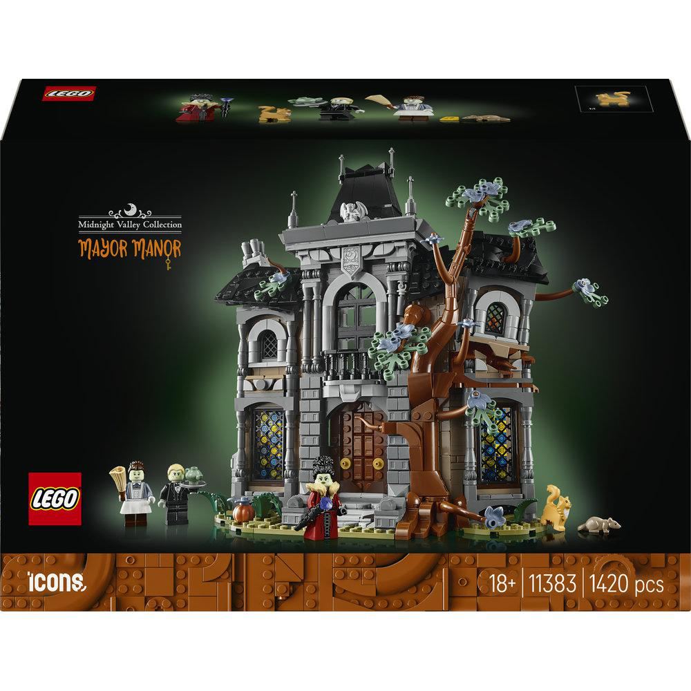 Lego Icons Set 'Mayor Manor' mit Spukschloss, kahlem Baum, Minifiguren und gruseligen Details vor dunklem Hintergrund.