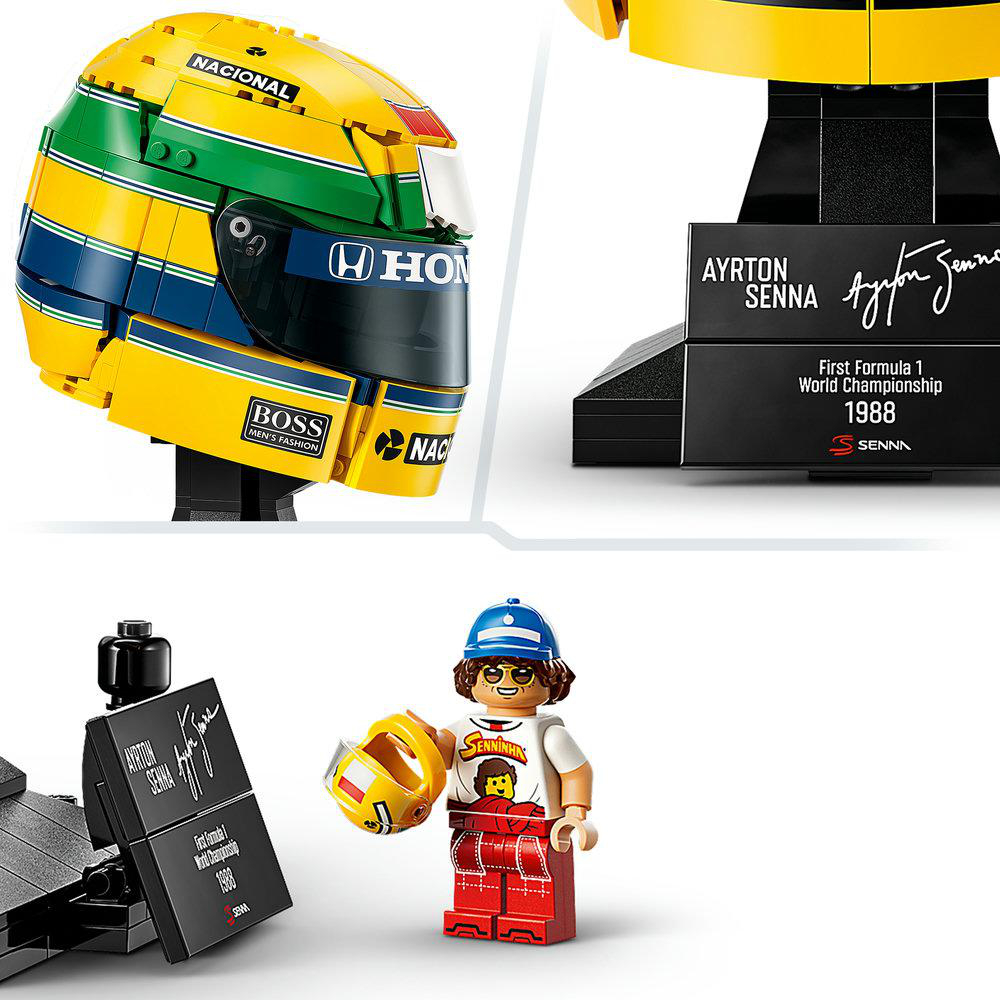 Lego Ayrton Senna Helm mit Ständer und Rennfahrer-Minifigur.
