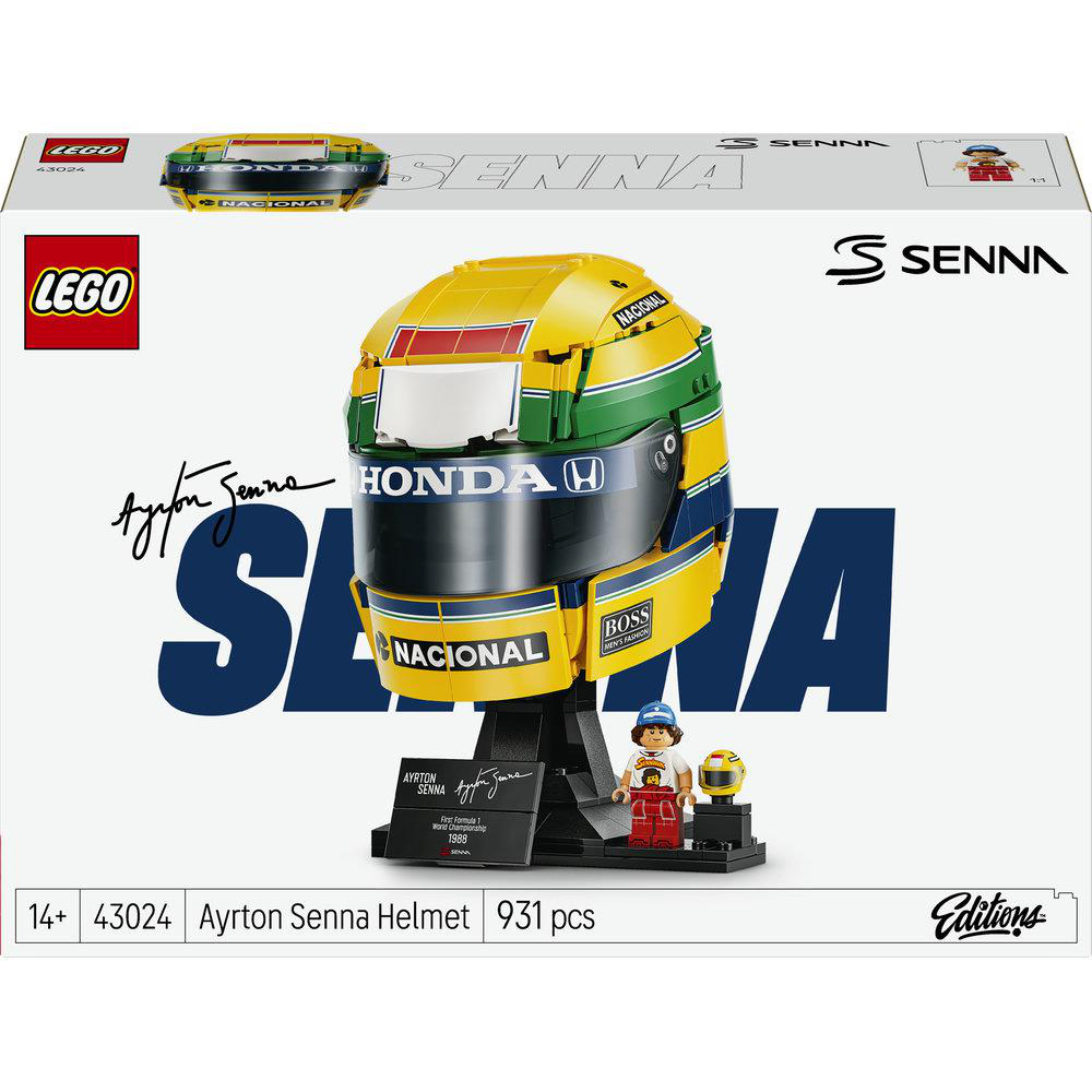 Lego-Schachtel von Ayrton Sennas gelb-grün-blauem Rennhelm mit Minifigur und Ständer.