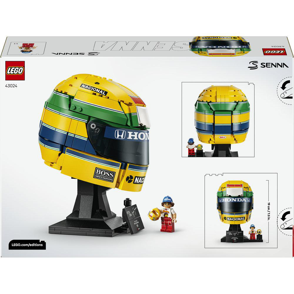 Lego Senna Helm Set mit gelb-grünem Design auf schwarzem Ständer und kleiner Minifigur.