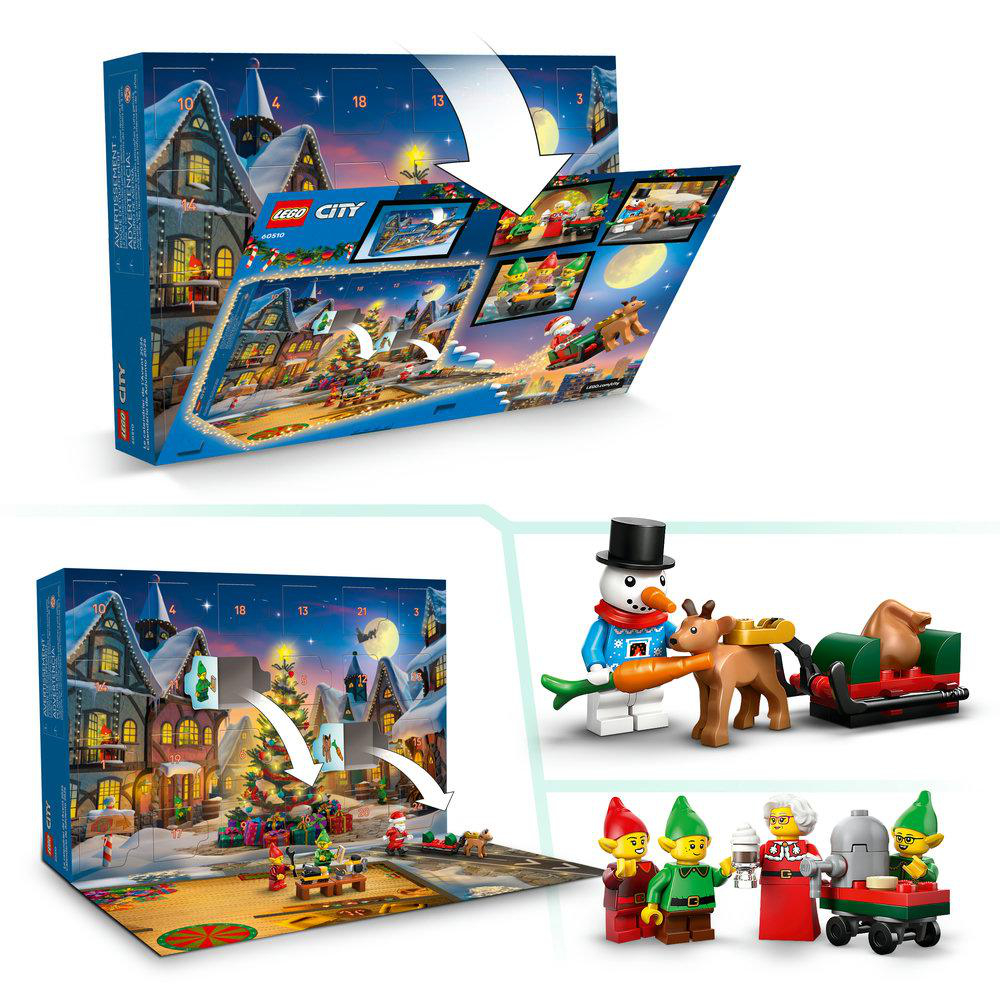 Lego City Adventskalender mit Schneelandschaft, Weihnachtsmann, Elfen und baubarem Spielzeug auf blauem Hintergrund.