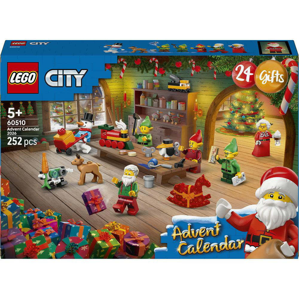 Lego City Adventskalender Box mit Weihnachtsmann, Elfen, Spielzeug und Geschenken in einer winterlichen Werkstatt.