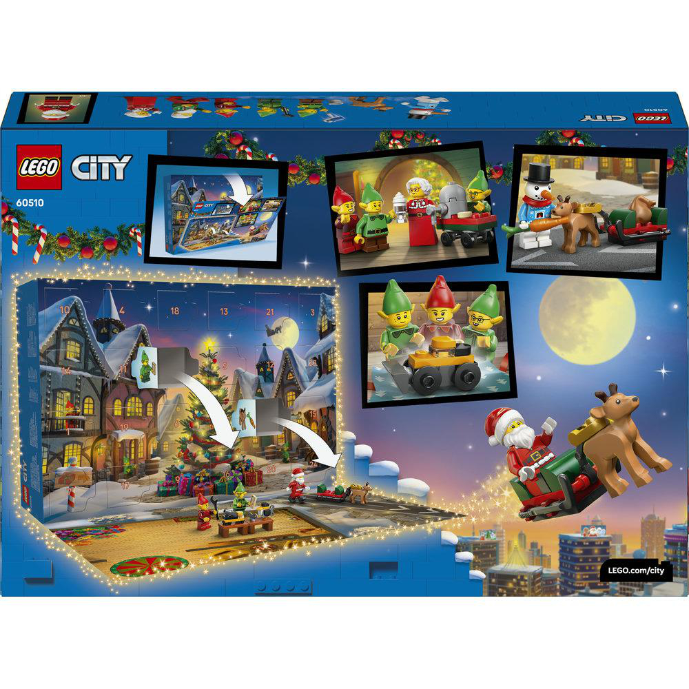 Rückseite einer LEGO City Adventskalender-Box mit weihnachtlichen Szenen und Minifiguren.