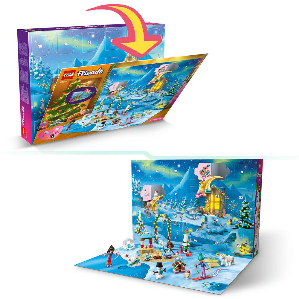 Lego Friends Adventskalender mit geöffneter Vorderseite und verschneiter Winterlandschaft.