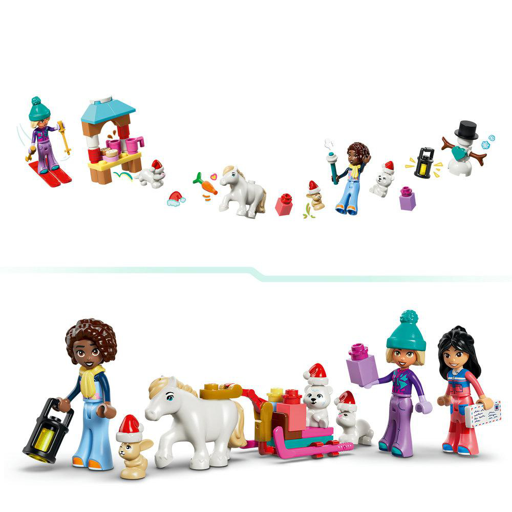 Lego-Freunde-Set mit Figuren, Pferd, Schlitten, Hunden und Winterzubehör auf weißem Hintergrund.