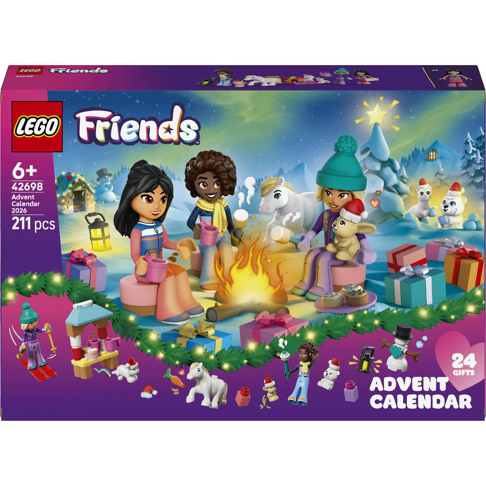 Lego Friends Adventskalender Box mit Mini-Puppen, Tieren und Geschenken am Lagerfeuer in verschneiter Winterlandschaft.