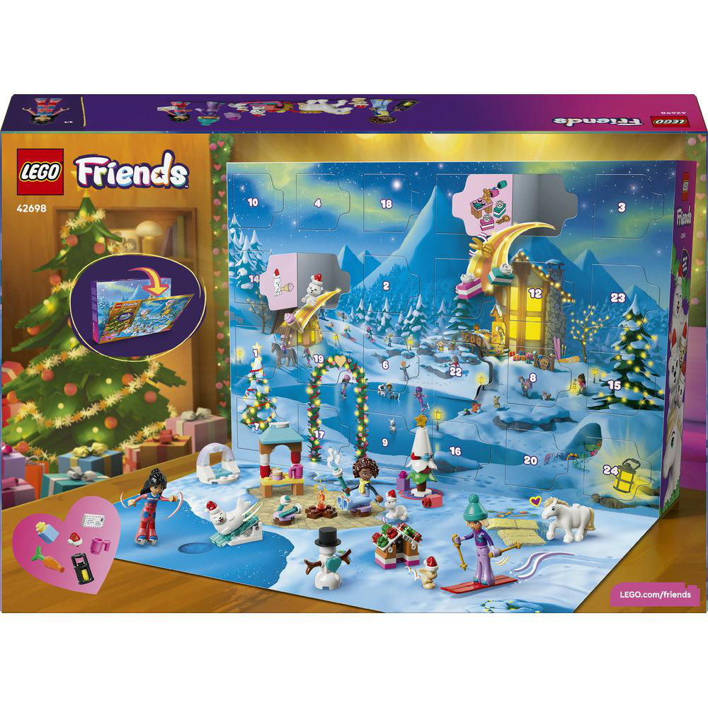 Lego Friends Adventskalender mit schneebedeckter Winterlandschaft und Figuren.