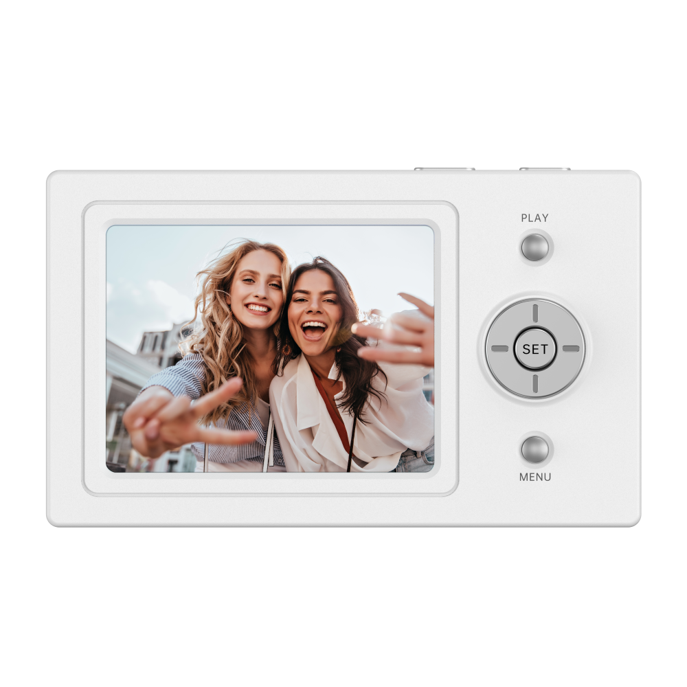 Eine weiße Digitalkamera zeigt auf dem Bildschirm zwei lächelnde Frauen, die Selfies machen.