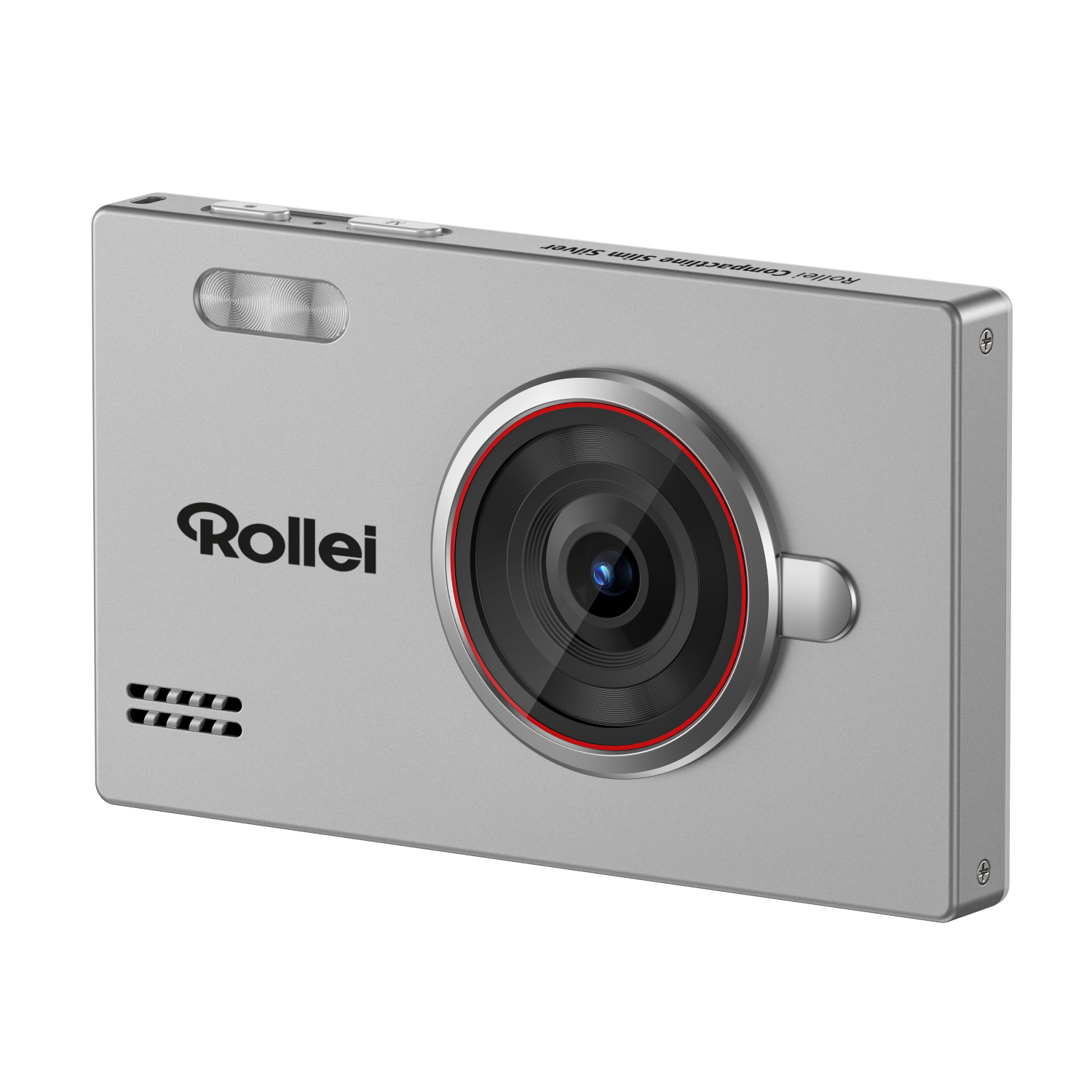 Eine schlanke silberne Rollei-Digitalkamera mit zentriertem Objektiv, integriertem Blitz und schwarzem Hintergrund.
