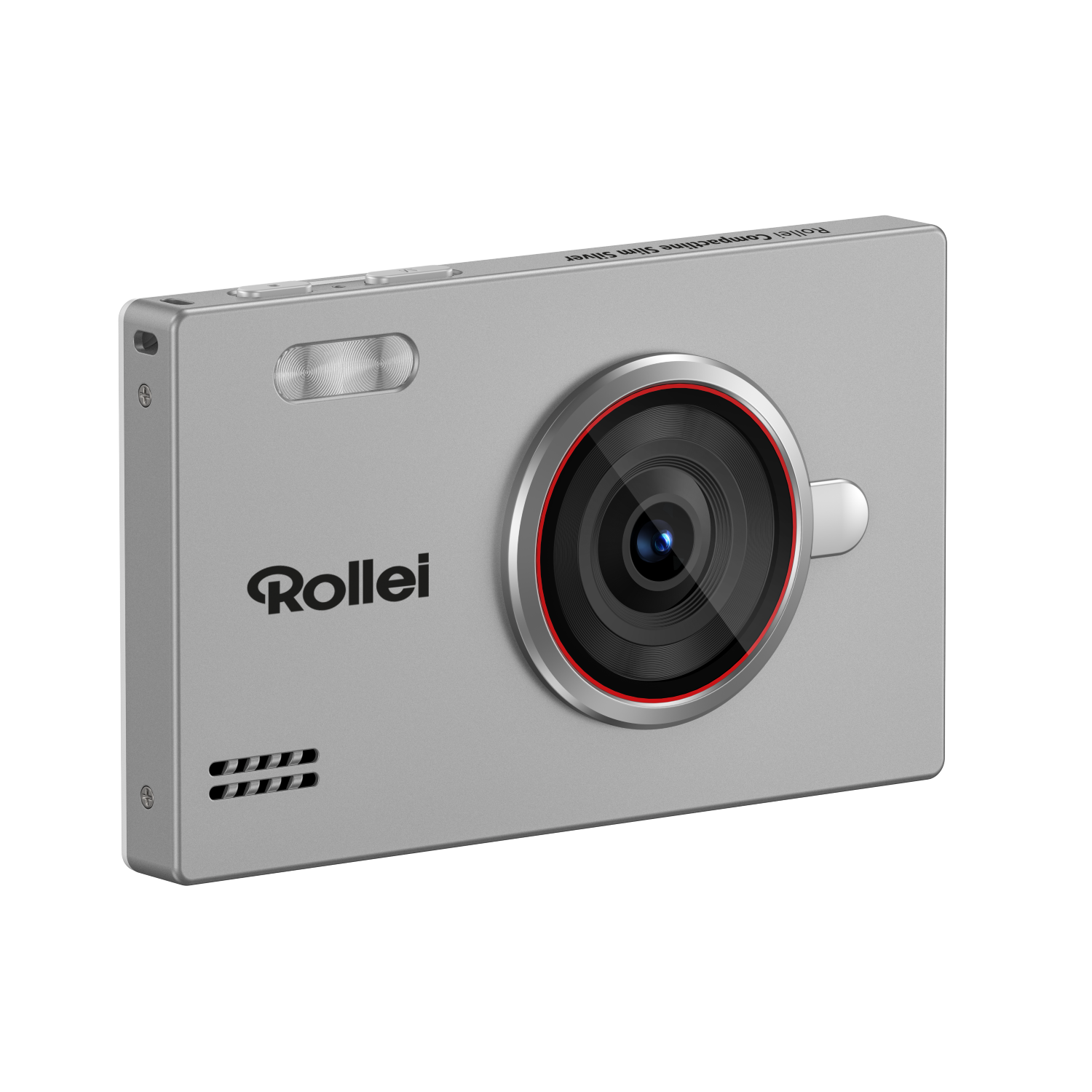 Eine schlanke silberne Rollei-Kamera mit schwarzer Linse und rotem Akzent vor schwarzem Hintergrund.