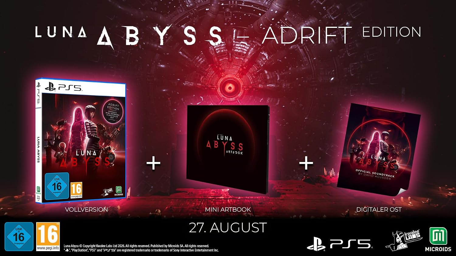 Luna Abyss Adrift Edition per PS5 mostra gioco, artbook e colonna sonora su sfondo rosso.