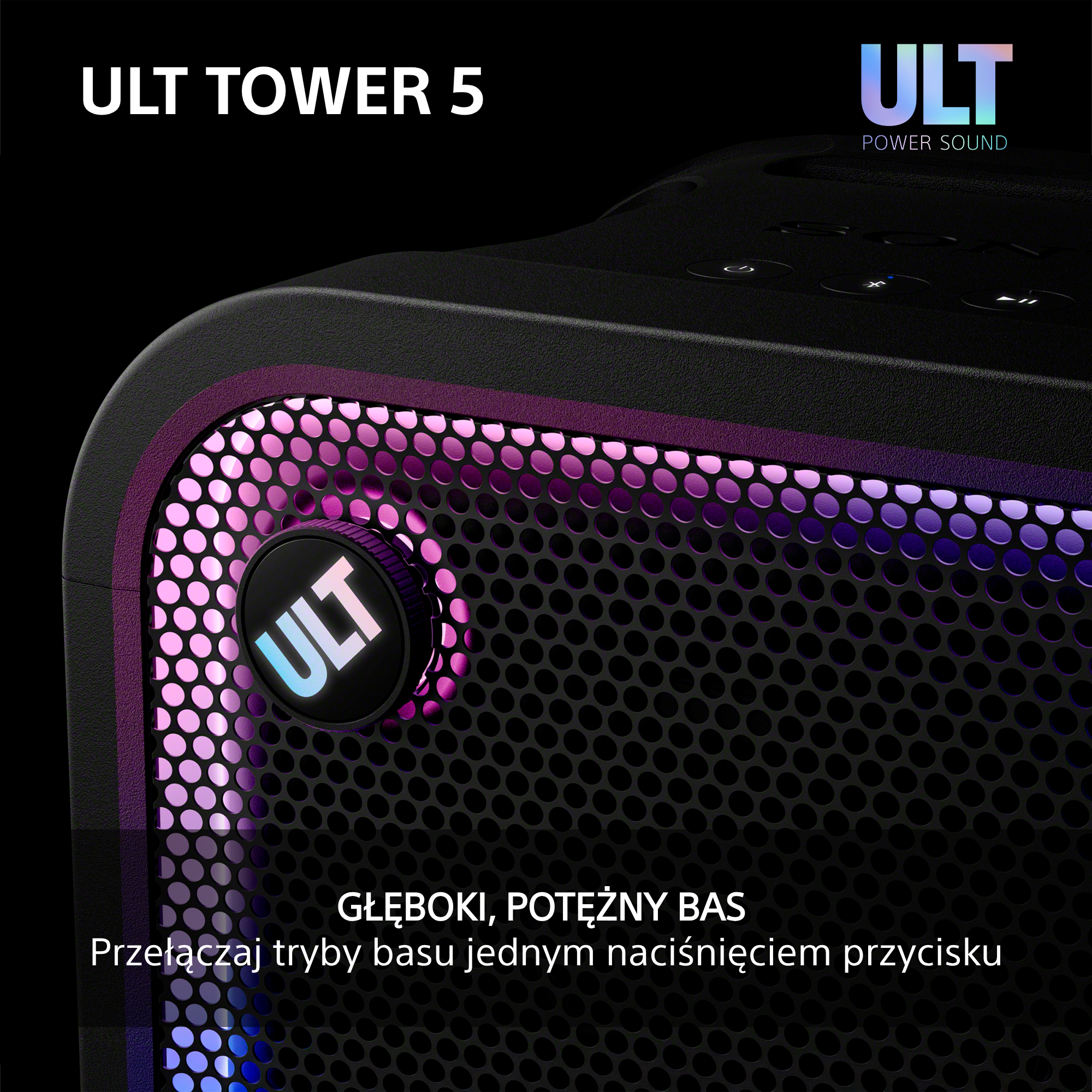 Zbliżenie głośnika ULT TOWER 5 z podświetlanym przyciskiem ULT, siatką i polskim tekstem promocyjnym na dole.