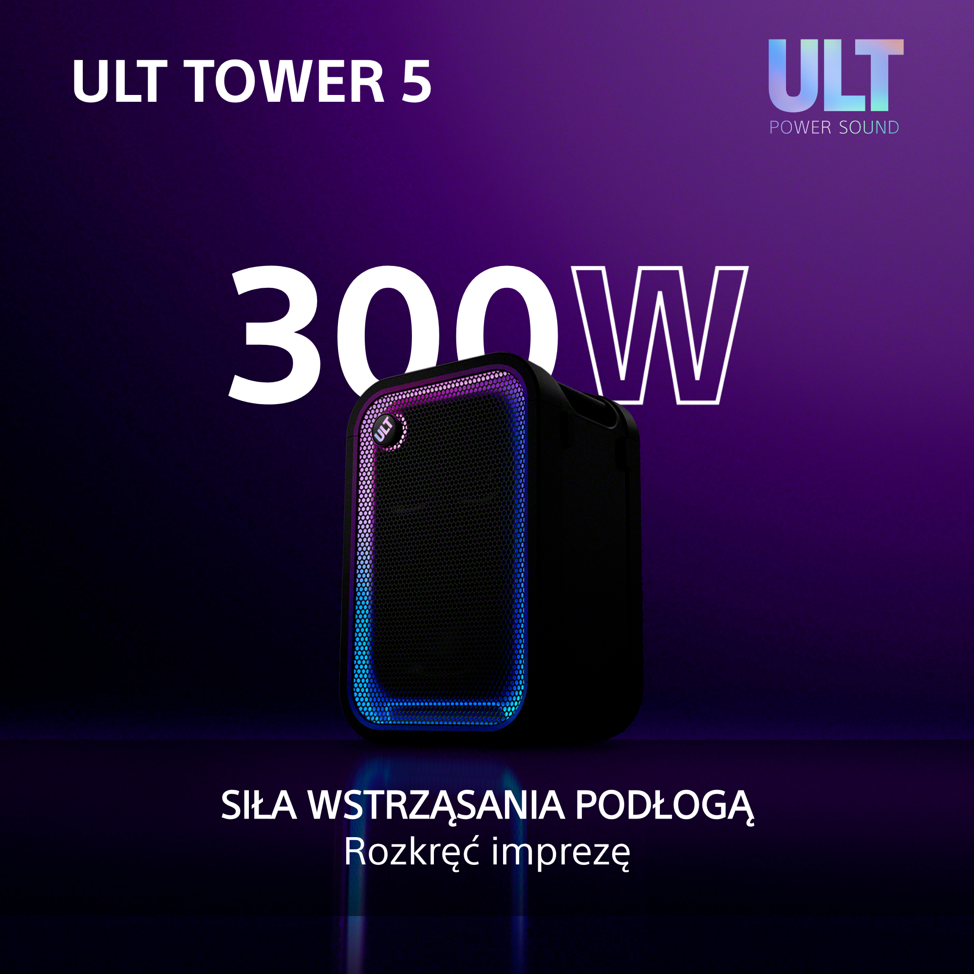 Czarny głośnik ULT Tower 5 z kolorowym oświetleniem LED i białym napisem na fioletowym tle.