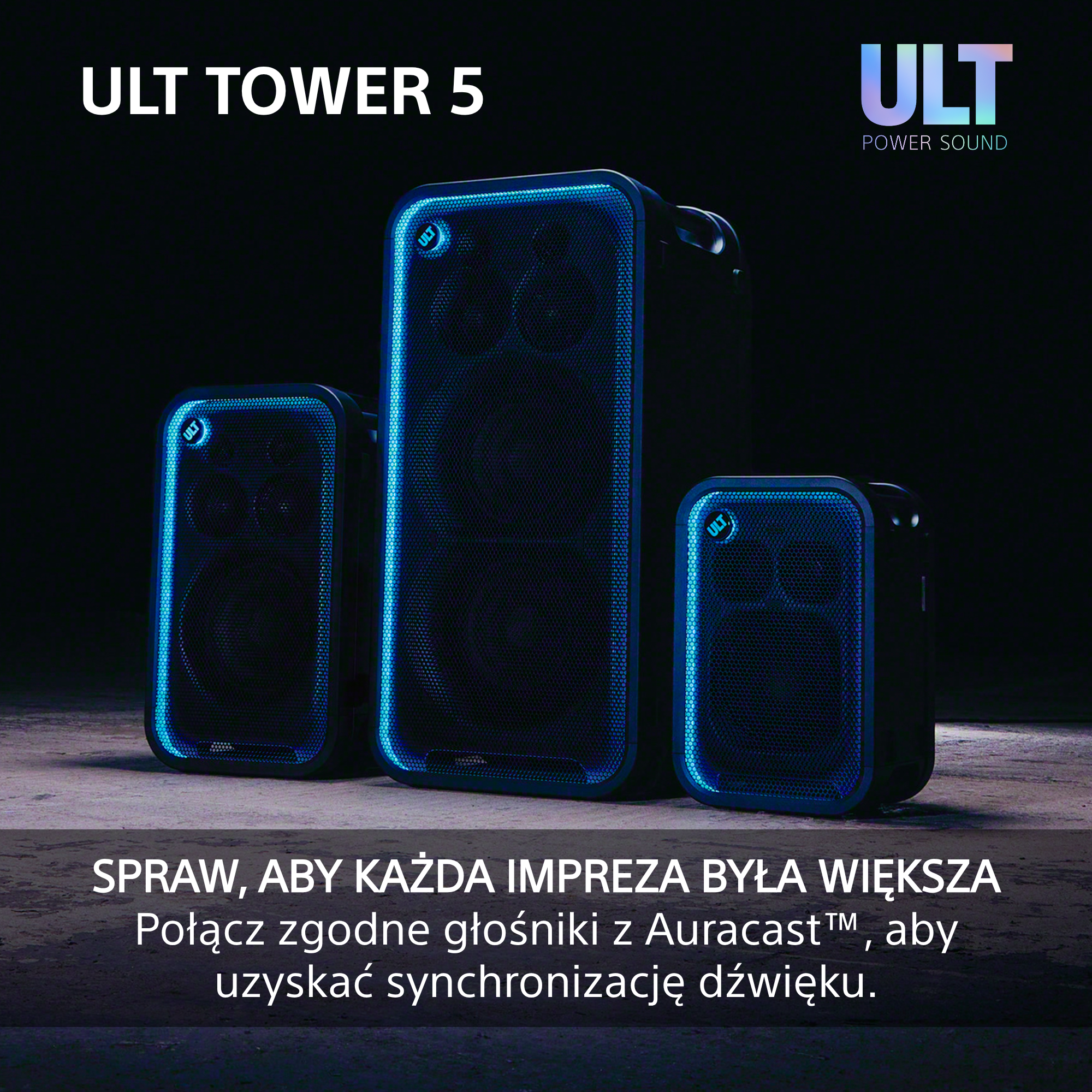 Trzy czarne głośniki ULT Tower 5 z niebieskim podświetleniem krawędzi stoją na ciemnym podłożu.