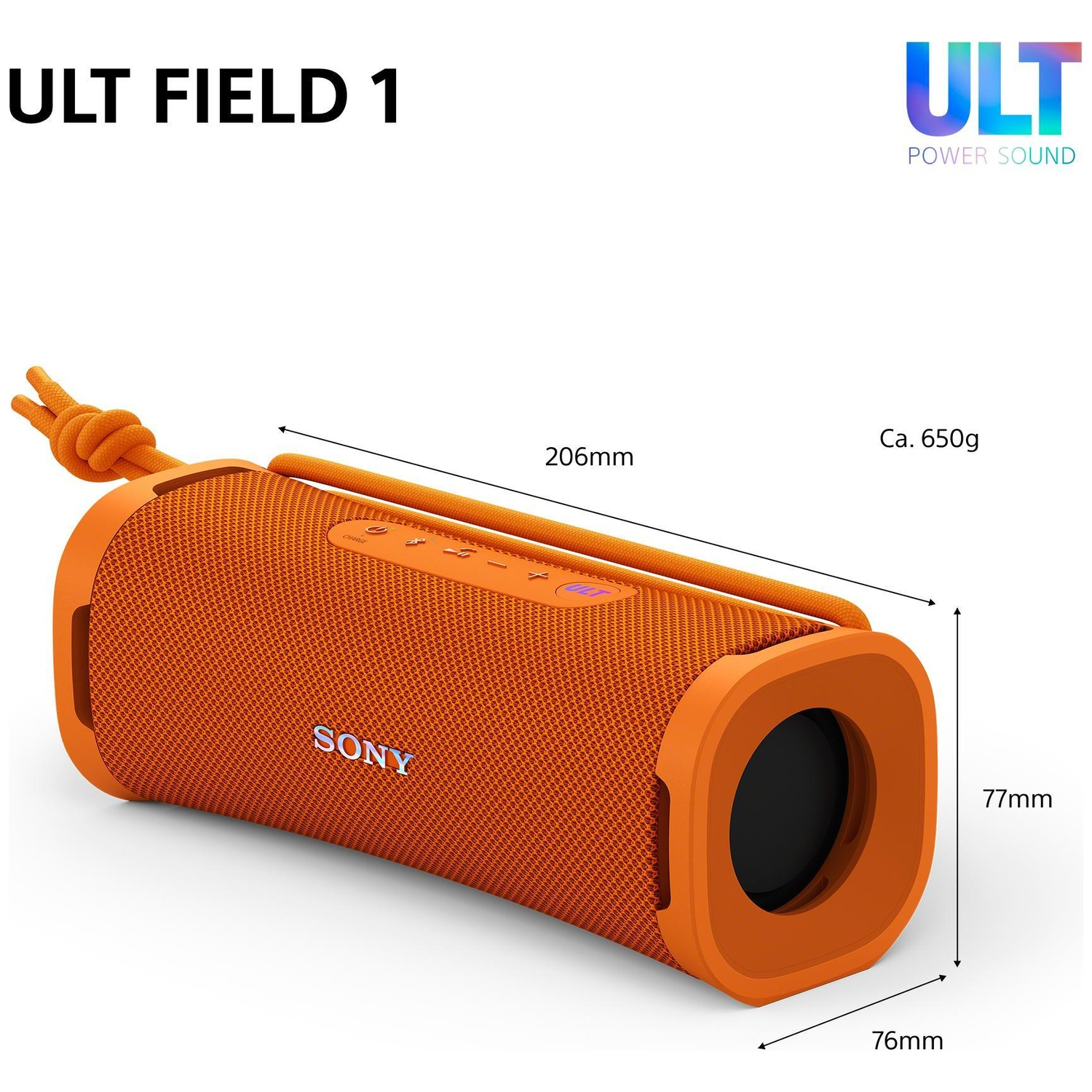 Orange Sony ULT Field 1 Bluetooth speaker with dimensions and weight against a white background.