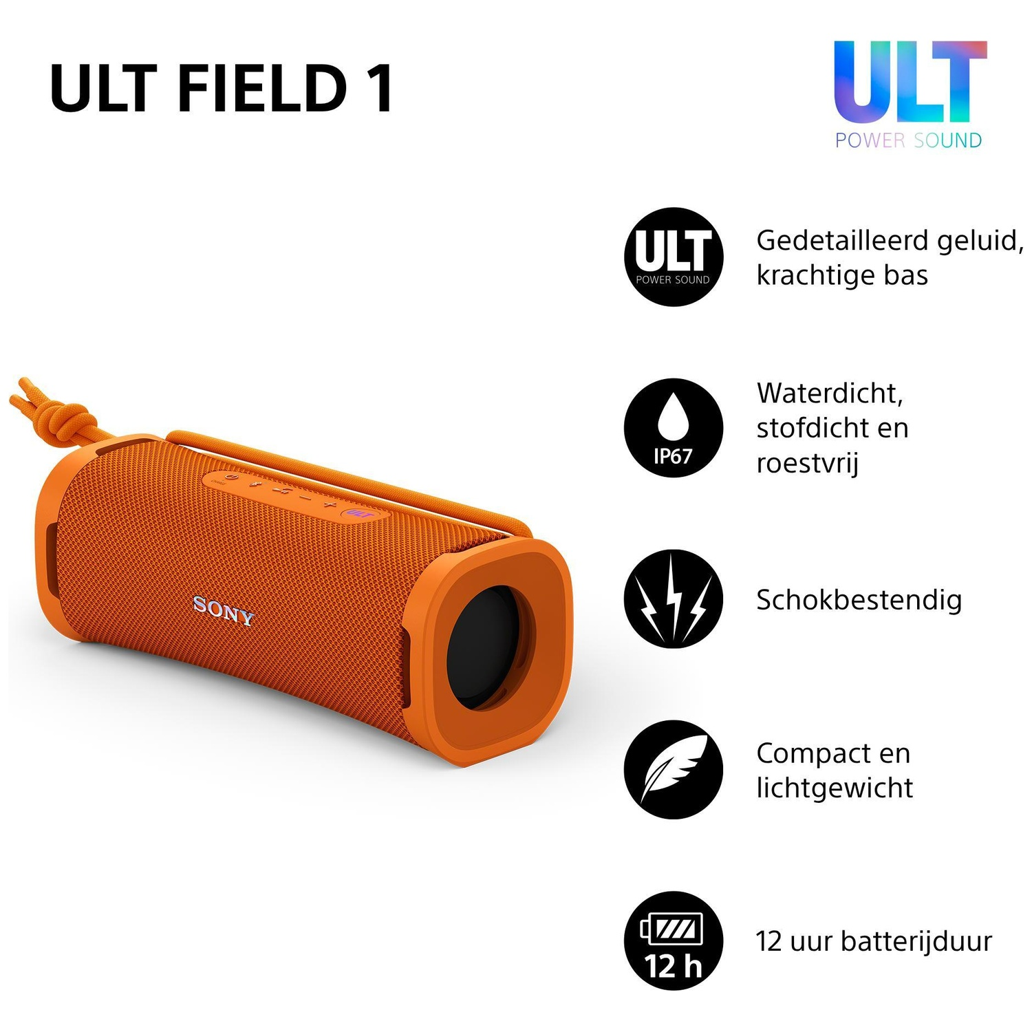 Orange Sony ULT Field 1 speaker with feature icons and text.