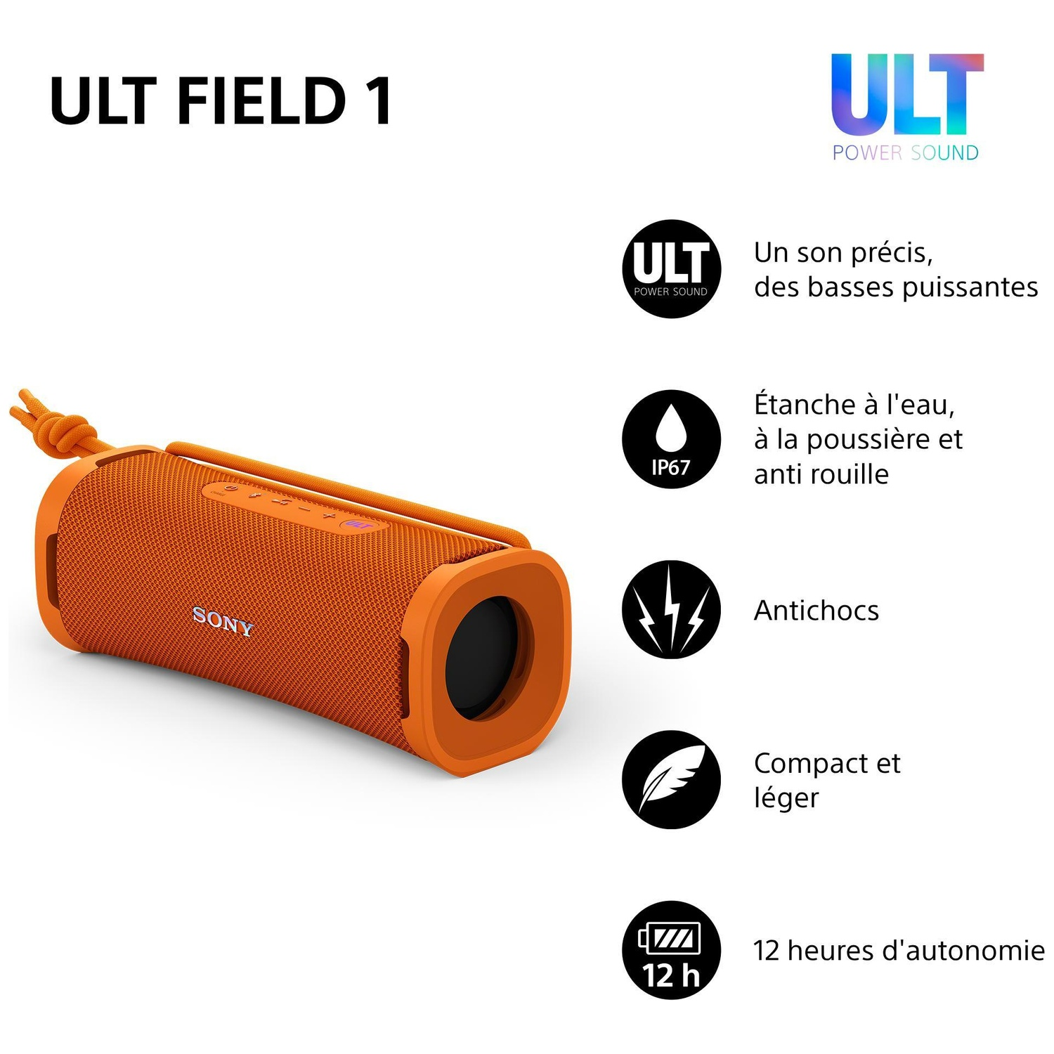 Enceinte orange Sony ULT Field 1 avec étanchéité IP67 et 12 heures d'autonomie.