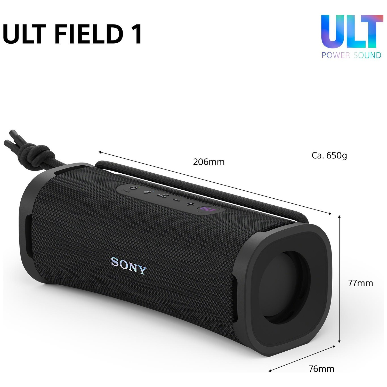 Sony ULT Field 1 black wireless speaker with dimensions 206mm, 77mm, 76mm, and 650g weight, shown against a white background.
