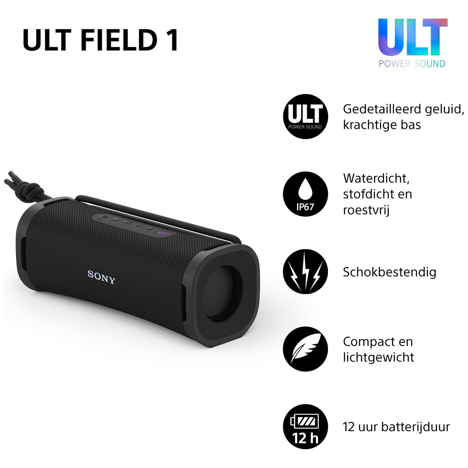Sony ULT Field 1 black wireless speaker with features listed on the right side.