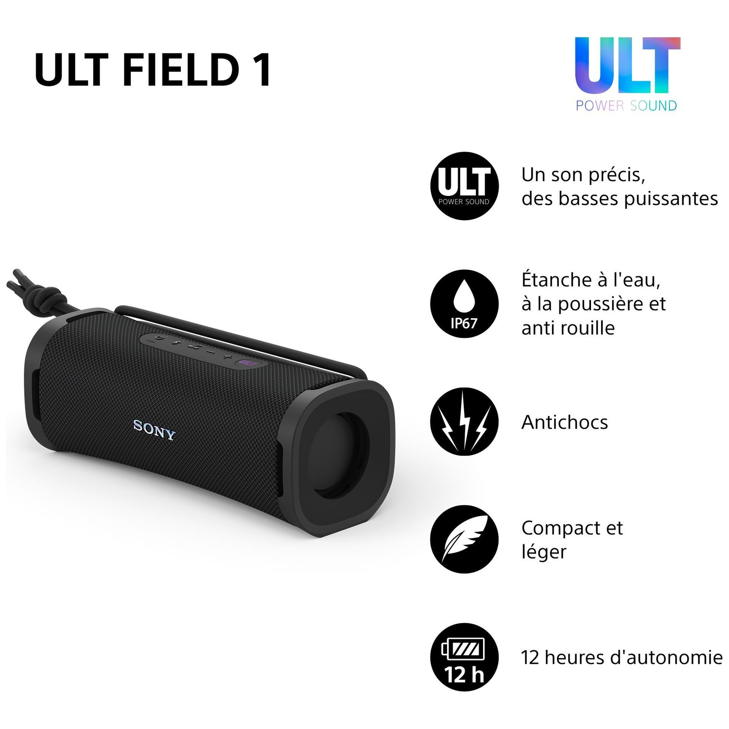 Enceinte sans fil noire Sony ULT Field 1 avec caractéristiques à droite.