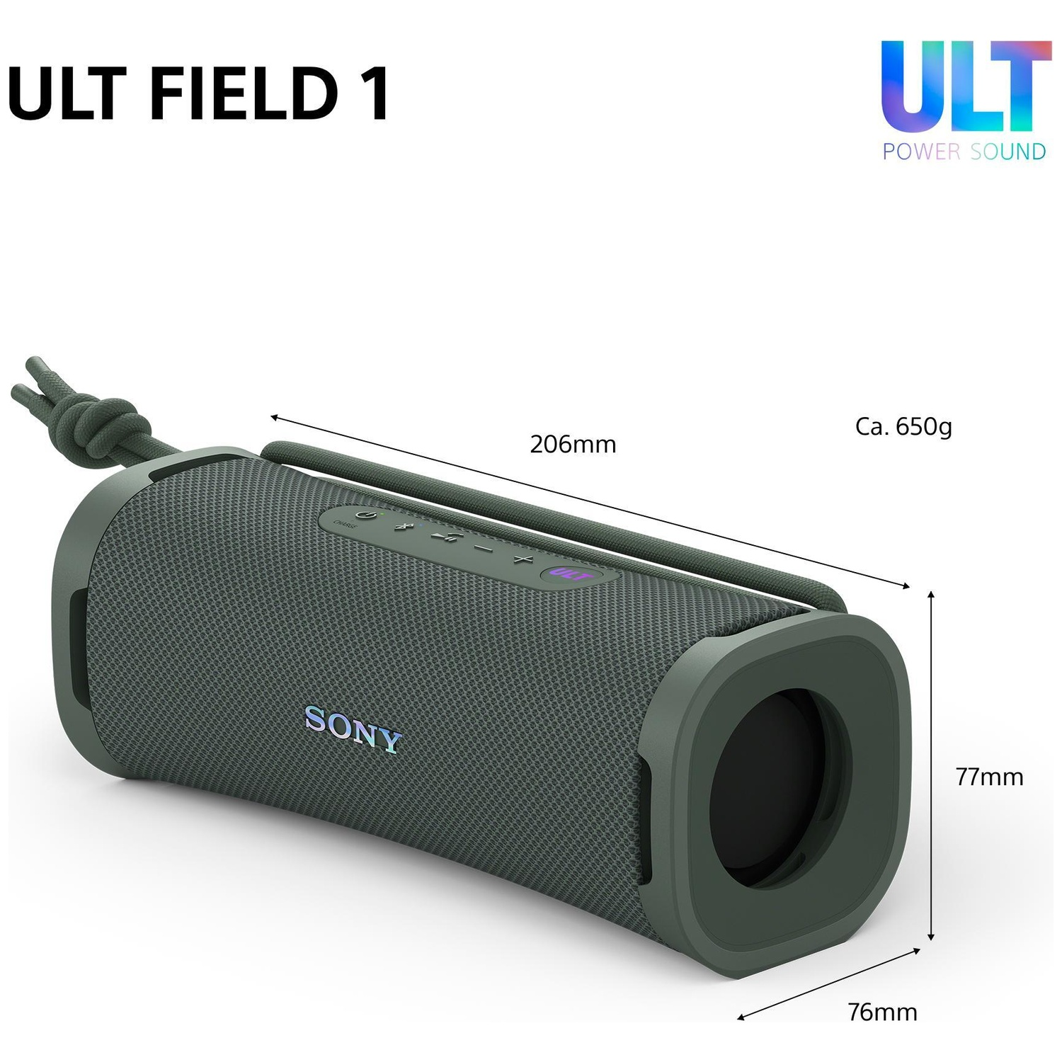 Green Sony ULT Field 1 Bluetooth speaker with dimensions and weight displayed on a white background.