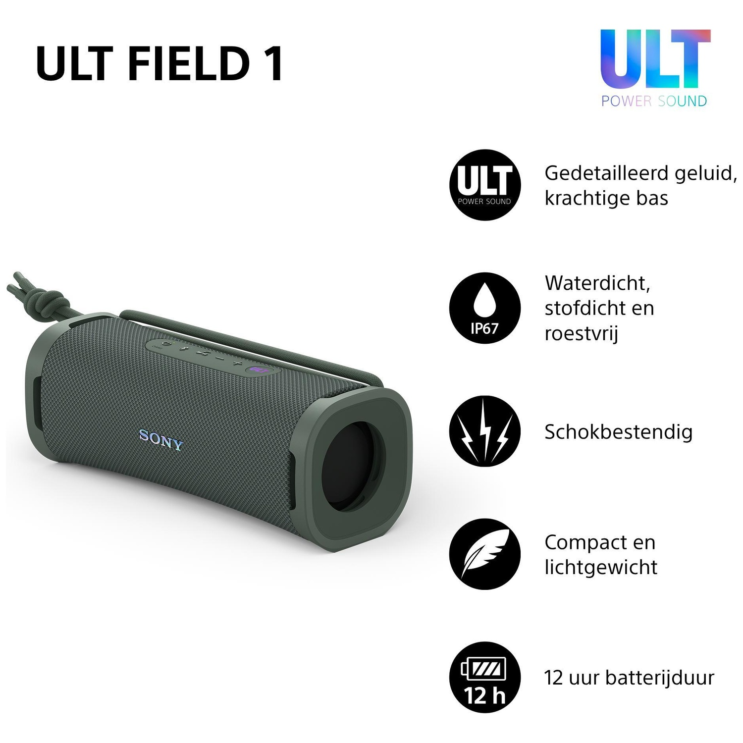 Green Sony ULT Field 1 Bluetooth speaker with product feature icons.