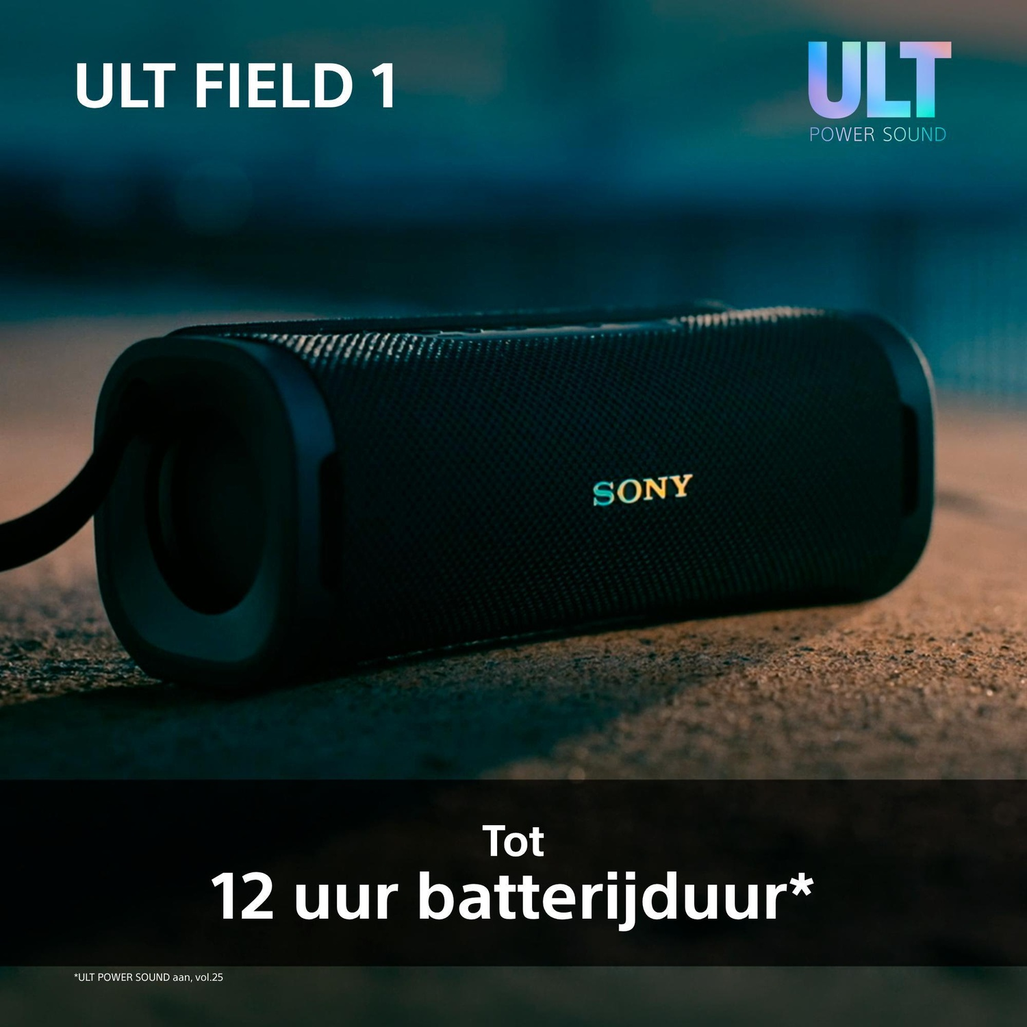 A black Sony ULT Field 1 speaker rests on a dark outdoor surface with text overlays.