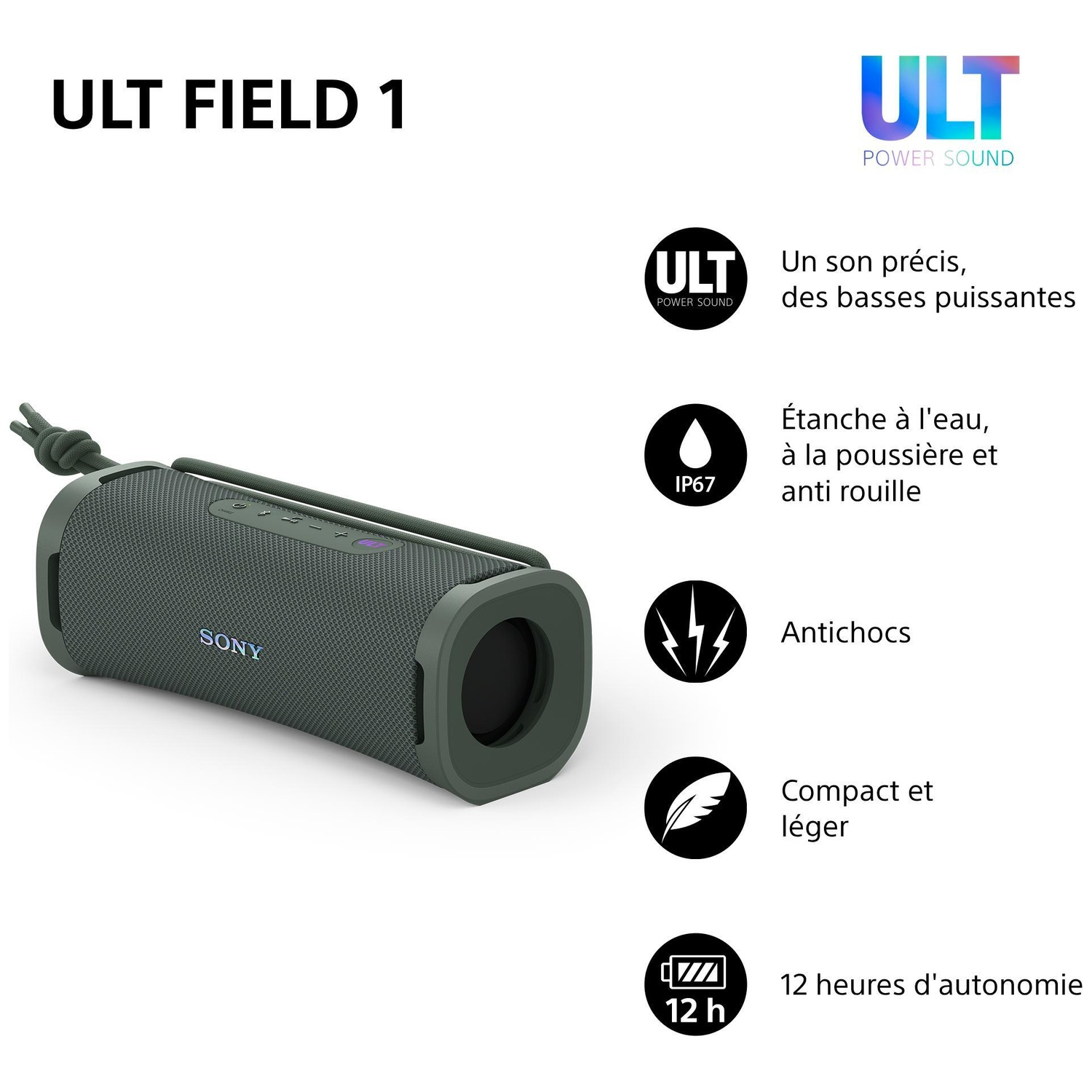 Enceinte Bluetooth Sony ULT Field 1 verte avec caractéristiques produit sur fond blanc.