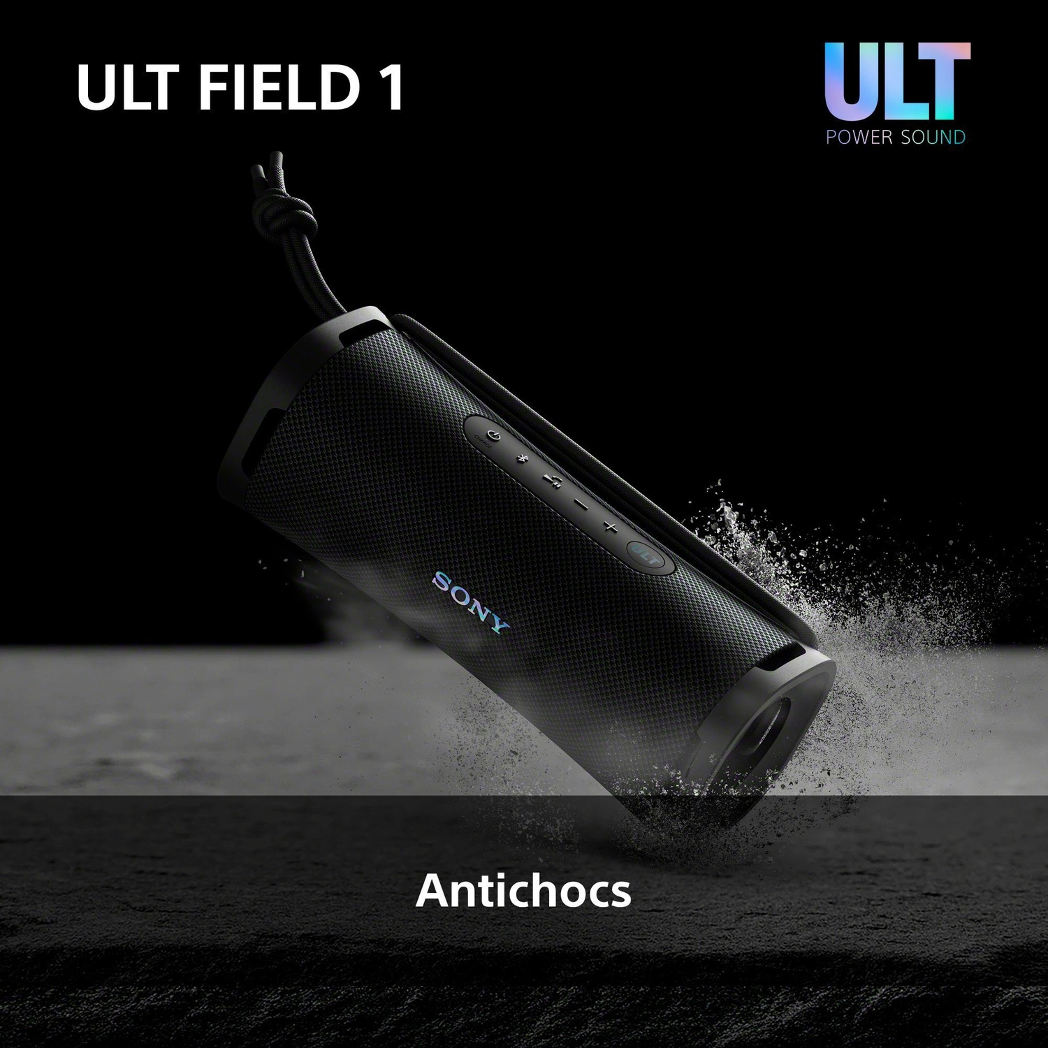 Enceinte portable noire Sony ULT FIELD 1 sur une surface rocheuse avec des éclaboussures.