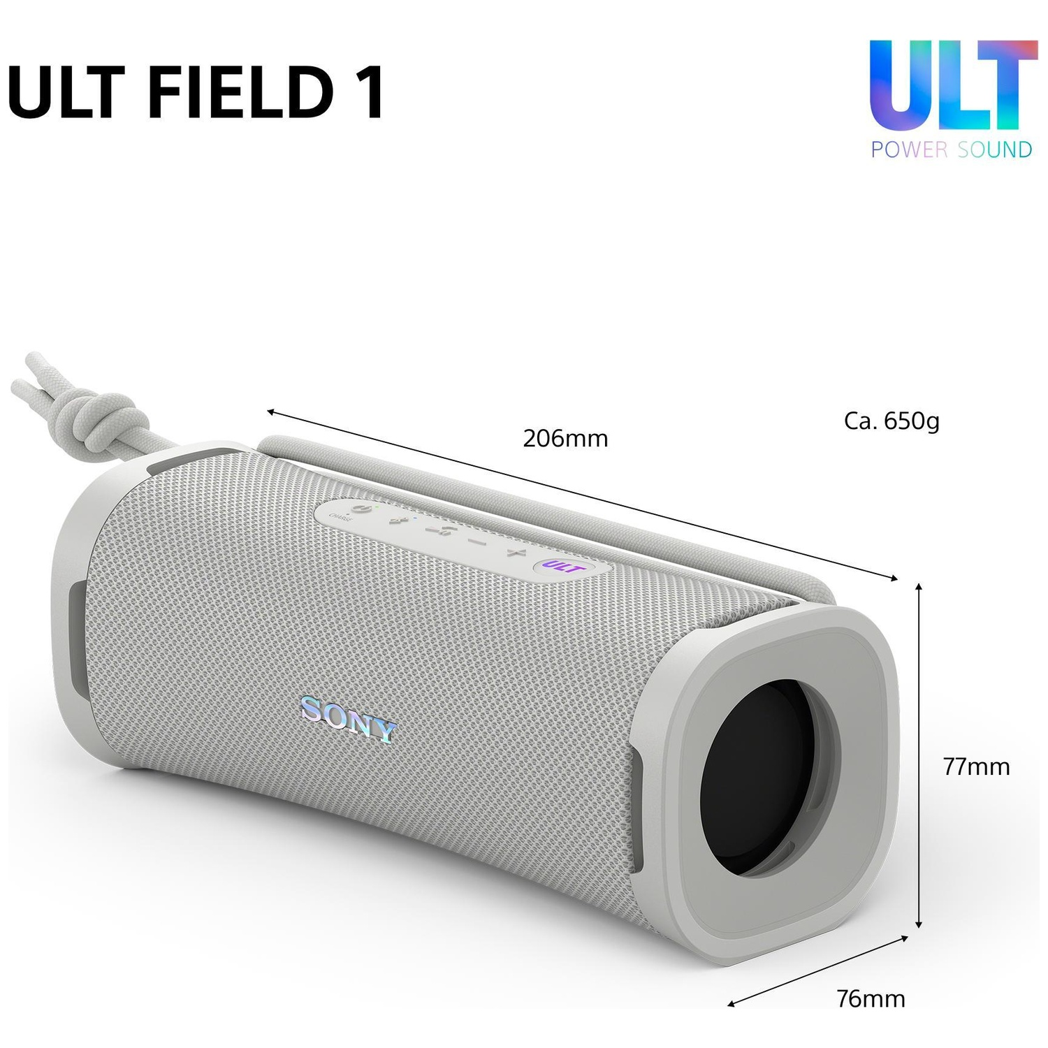 White Sony Ult Field 1 portable speaker with dimensions 206mm by 77mm and 76mm, weighing about 650g.